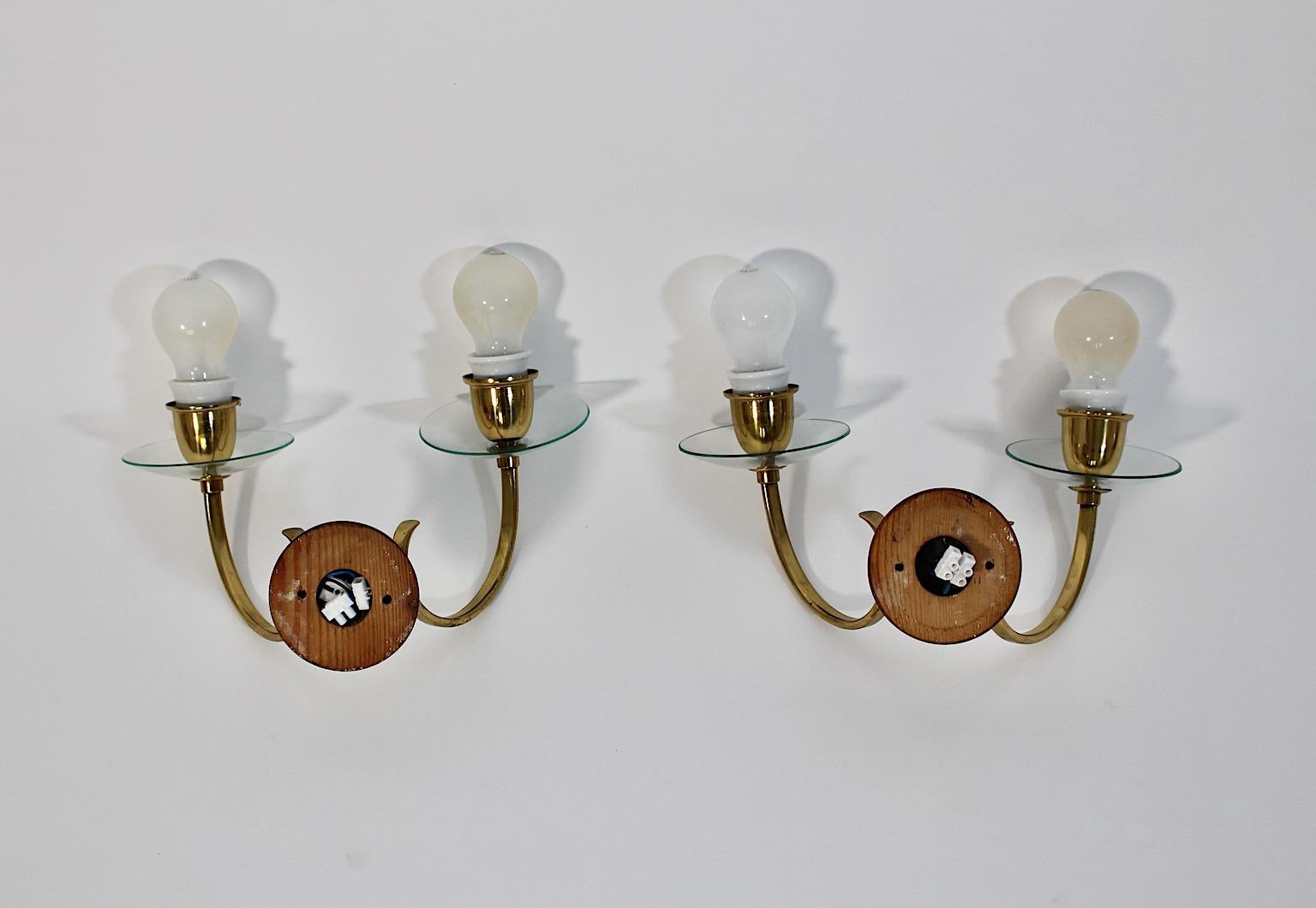 Mid Century Modern Vintage Brass Glass Sconces Wall Lights Pair Duo 1950 Austria For Sale 3