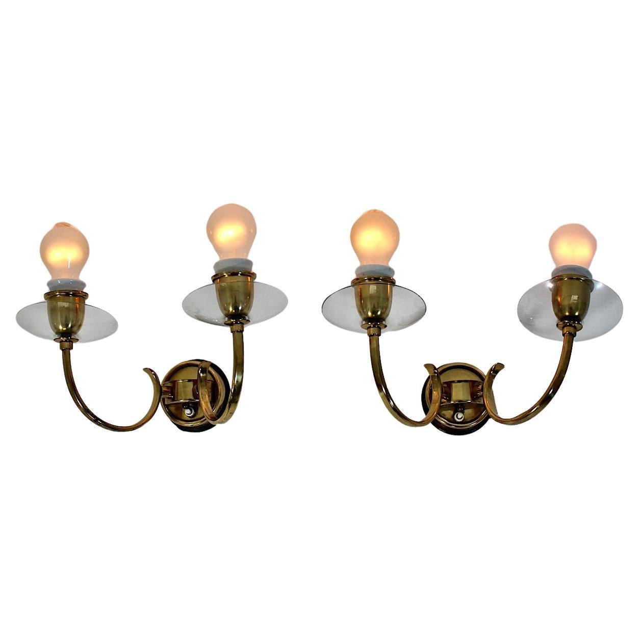 Mid Century Modern Vintage Brass Glass Sconces Wall Lights Pair Duo 1950 Austria For Sale