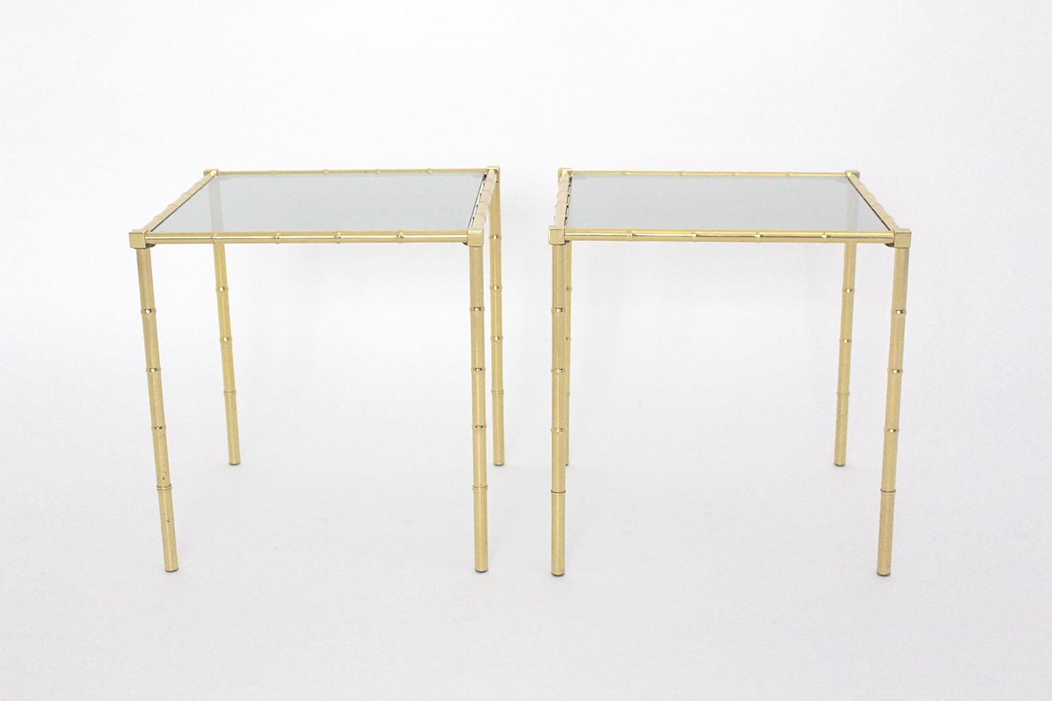 Mid-Century Modern Mid Century Modern Vintage Brass Green Glass Faux Bamboo Side Tables Pair France For Sale