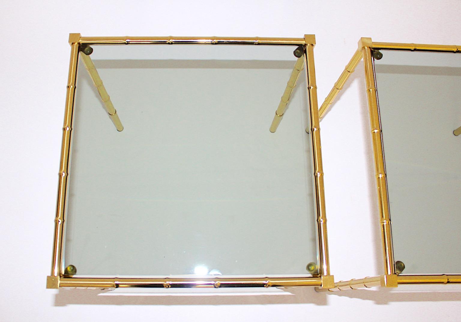 French Mid Century Modern Vintage Brass Green Glass Faux Bamboo Side Tables Pair France For Sale