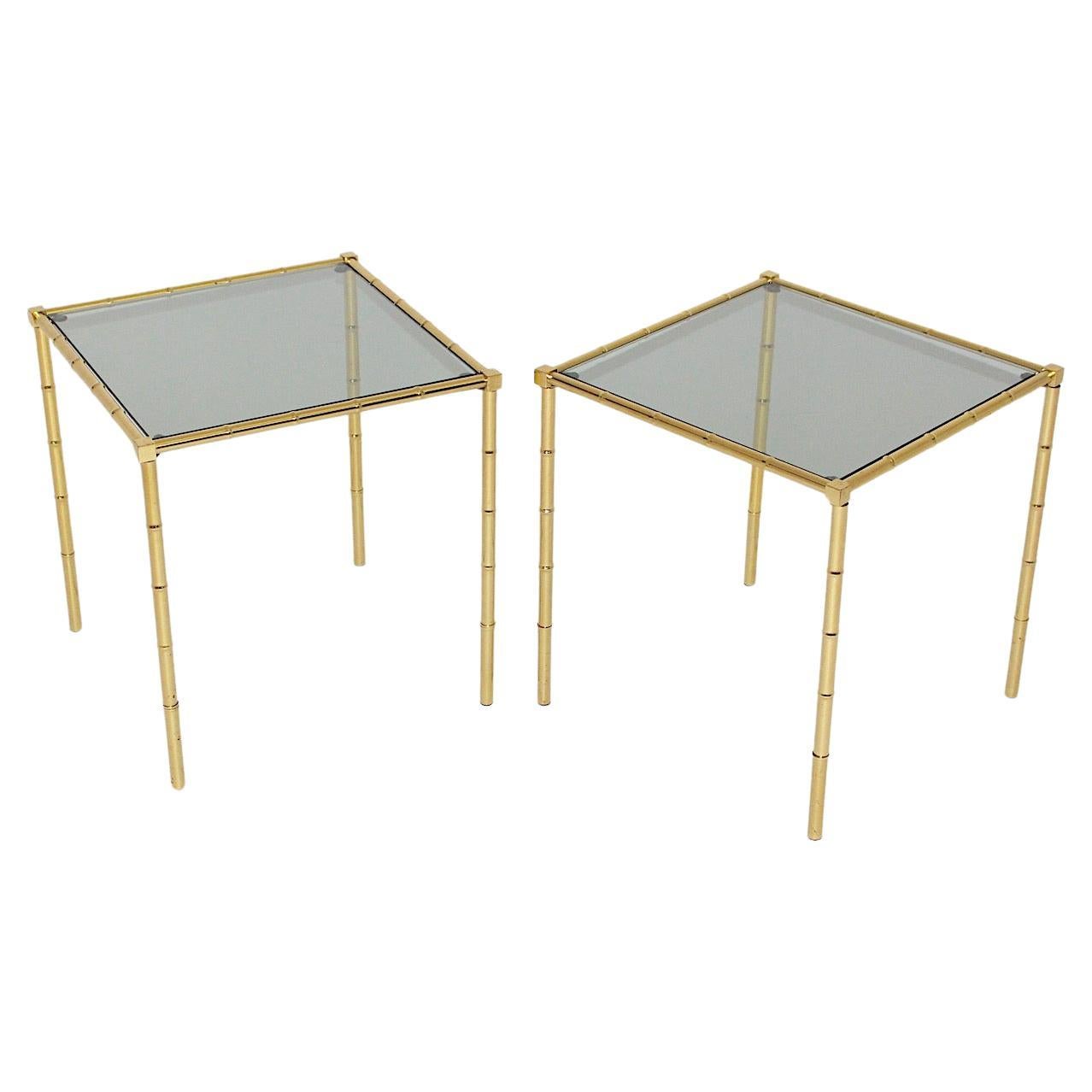 Mid Century Modern Vintage Brass Green Glass Faux Bamboo Side Tables Pair France For Sale