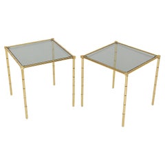 Mid Century Modern Vintage Brass Green Glass Faux Bamboo Side Tables Pair France
