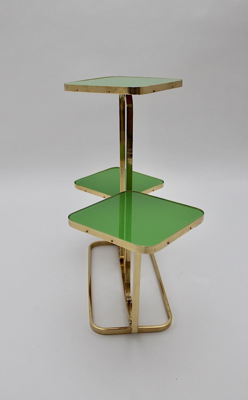Mid Century Modern Vintage Brass Green Glass Flower Stand Side Table 1950s  For Sale 5