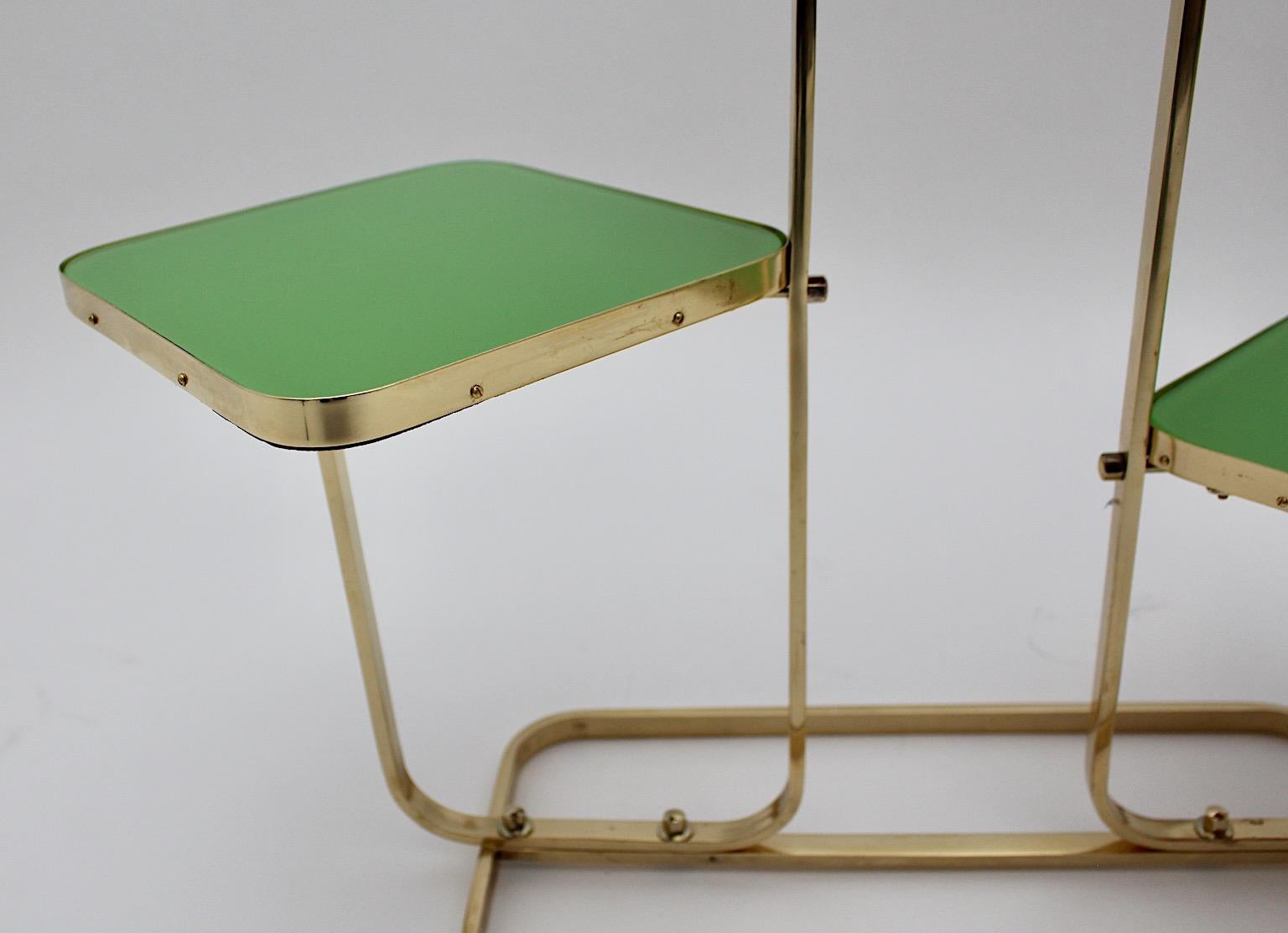 Mid-Century Modern Mid Century Modern Vintage Brass Green Glass Flower Stand Side Table 1950s  For Sale