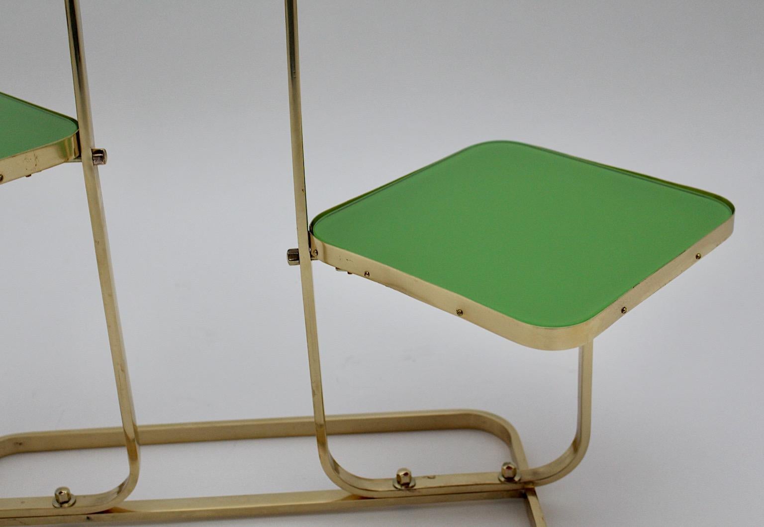 Austrian Mid Century Modern Vintage Brass Green Glass Flower Stand Side Table 1950s  For Sale