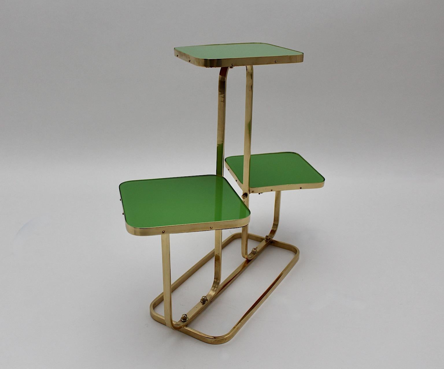 20th Century Mid Century Modern Vintage Brass Green Glass Flower Stand Side Table 1950s  For Sale