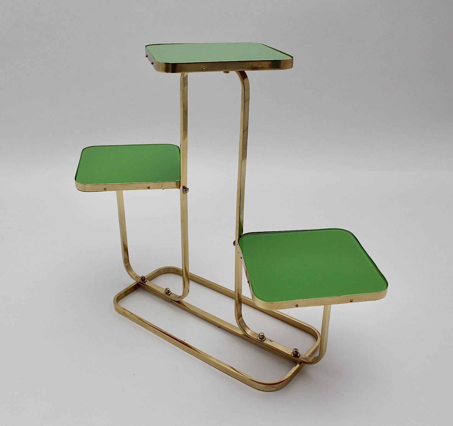 Mid Century Modern Vintage Brass Green Glass Flower Stand Side Table 1950s  For Sale 1