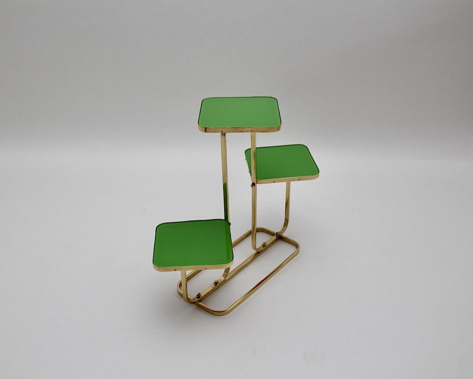 Mid Century Modern Vintage Brass Green Glass Flower Stand Side Table 1950s  For Sale 2