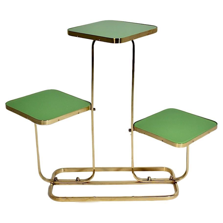 Mid Century Modern Vintage Brass Green Glass Flower Stand Side Table 1950s  For Sale