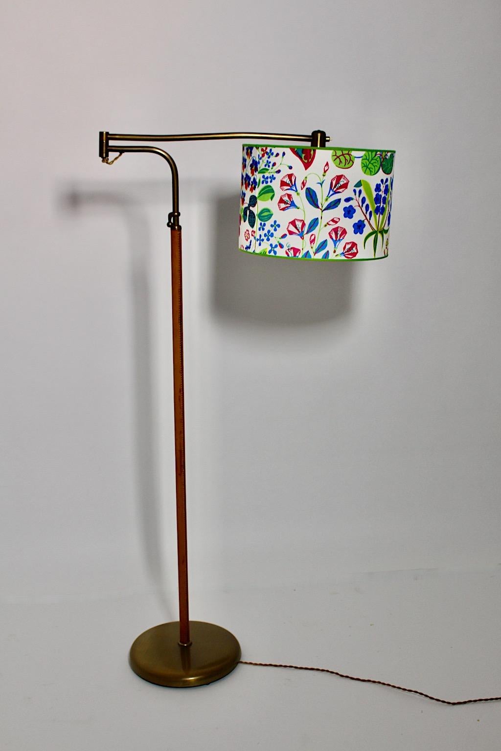 Austrian Mid-Century Modern Vintage Brass Leather Floor Lamp Kalmar 1946 Austria For Sale