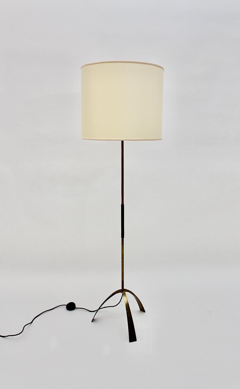 20th Century Mid-Century Modern Vintage Brass Leather Floor Lamp Silone Kalmar 1950s Vienna For Sale