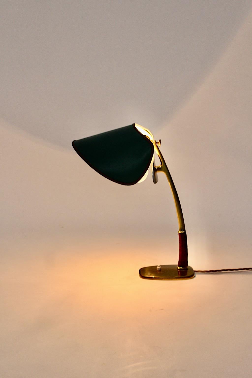 Mid-Century Modern Vintage Brass Leather Green Kalmar Table Lamp, 1950s, Vienna For Sale 8