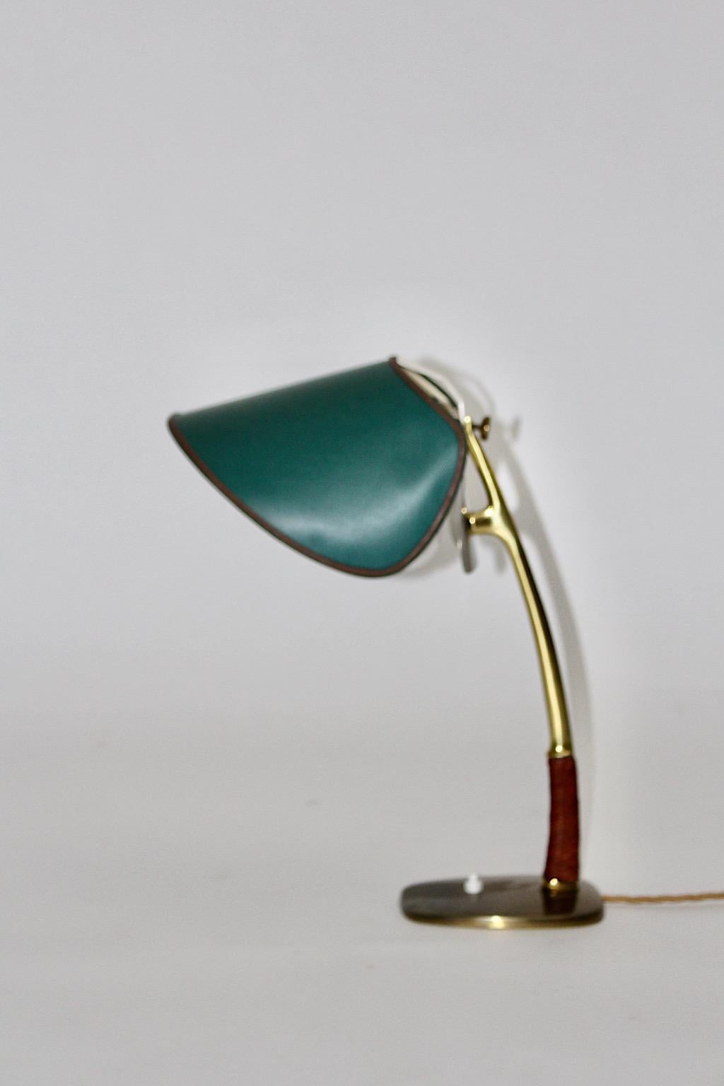 Mid-Century Modern Vintage Brass Leather Green Kalmar Table Lamp, 1950s, Vienna For Sale 9