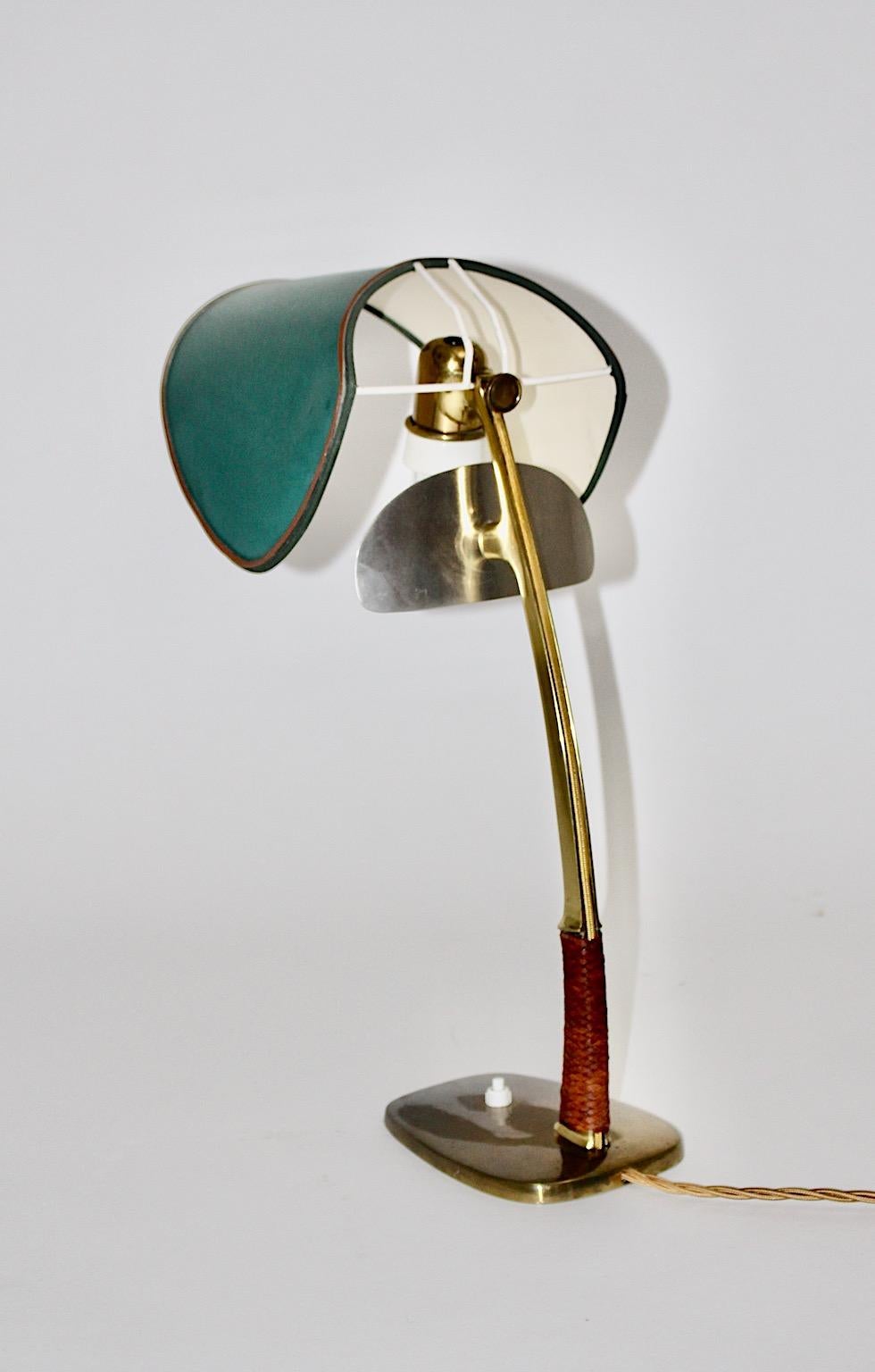 Austrian Mid-Century Modern Vintage Brass Leather Green Kalmar Table Lamp, 1950s, Vienna For Sale