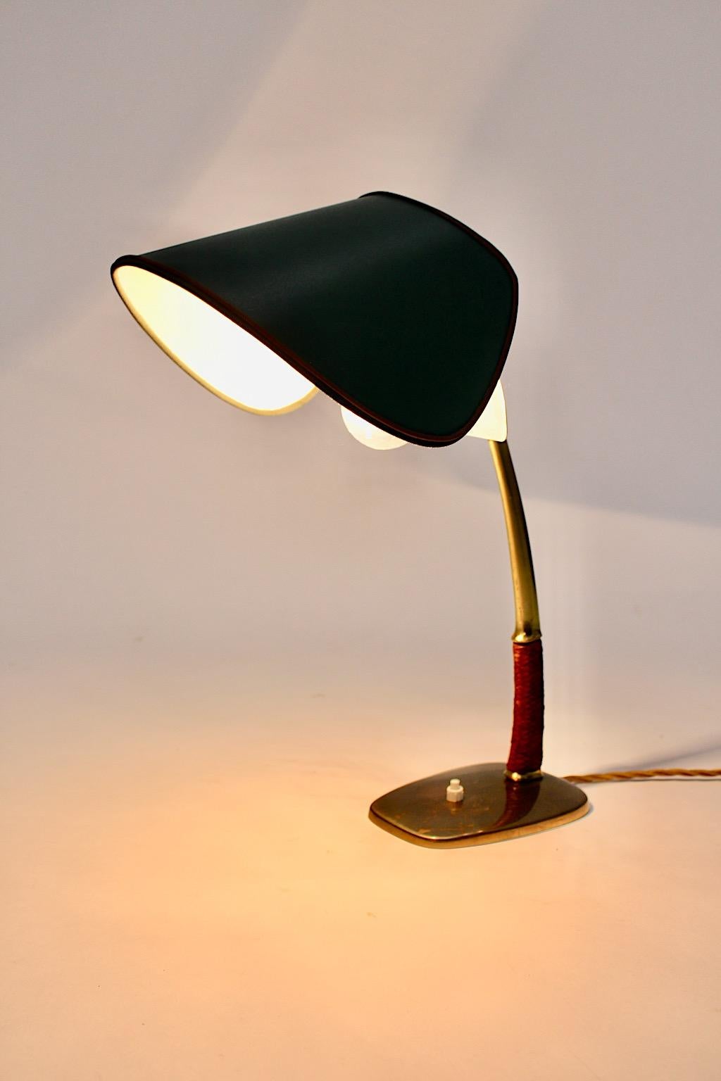 Mid-20th Century Mid-Century Modern Vintage Brass Leather Green Kalmar Table Lamp, 1950s, Vienna For Sale
