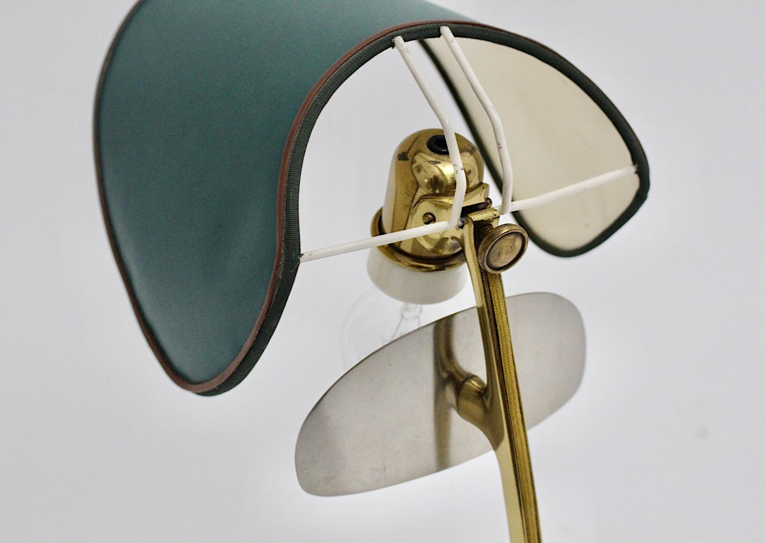 Mid-Century Modern Vintage Brass Leather Green Kalmar Table Lamp, 1950s, Vienna For Sale 1