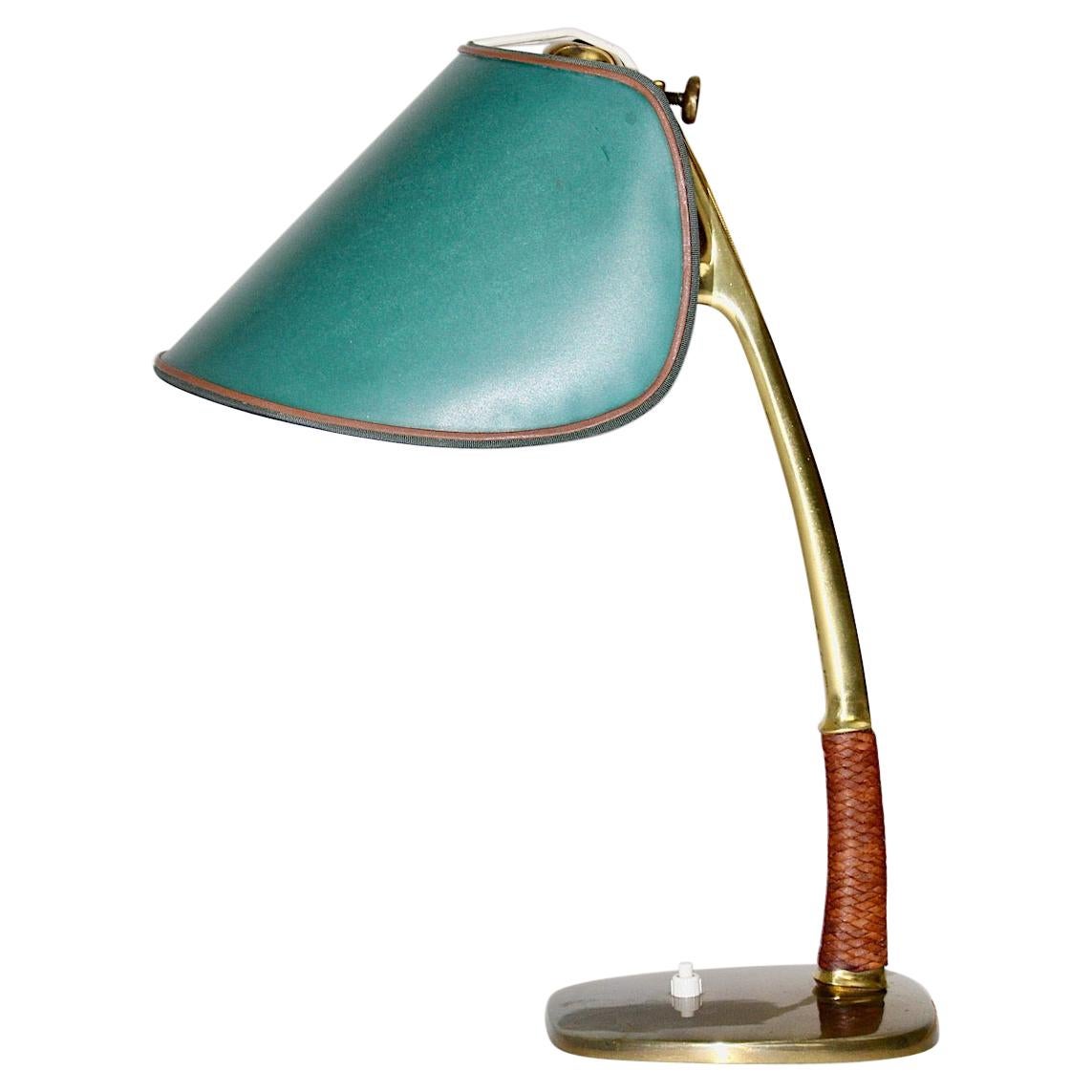 Mid-Century Modern Vintage Brass Leather Green Kalmar Table Lamp, 1950s, Vienna For Sale