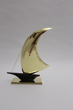 Mid Century Modern Vintage Brass Oak Sailing Ship 1950s Vienna