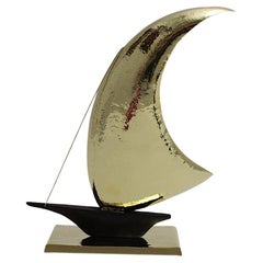 Mid Century Modern Vintage Brass Oak Sailing Ship 1950s Vienna