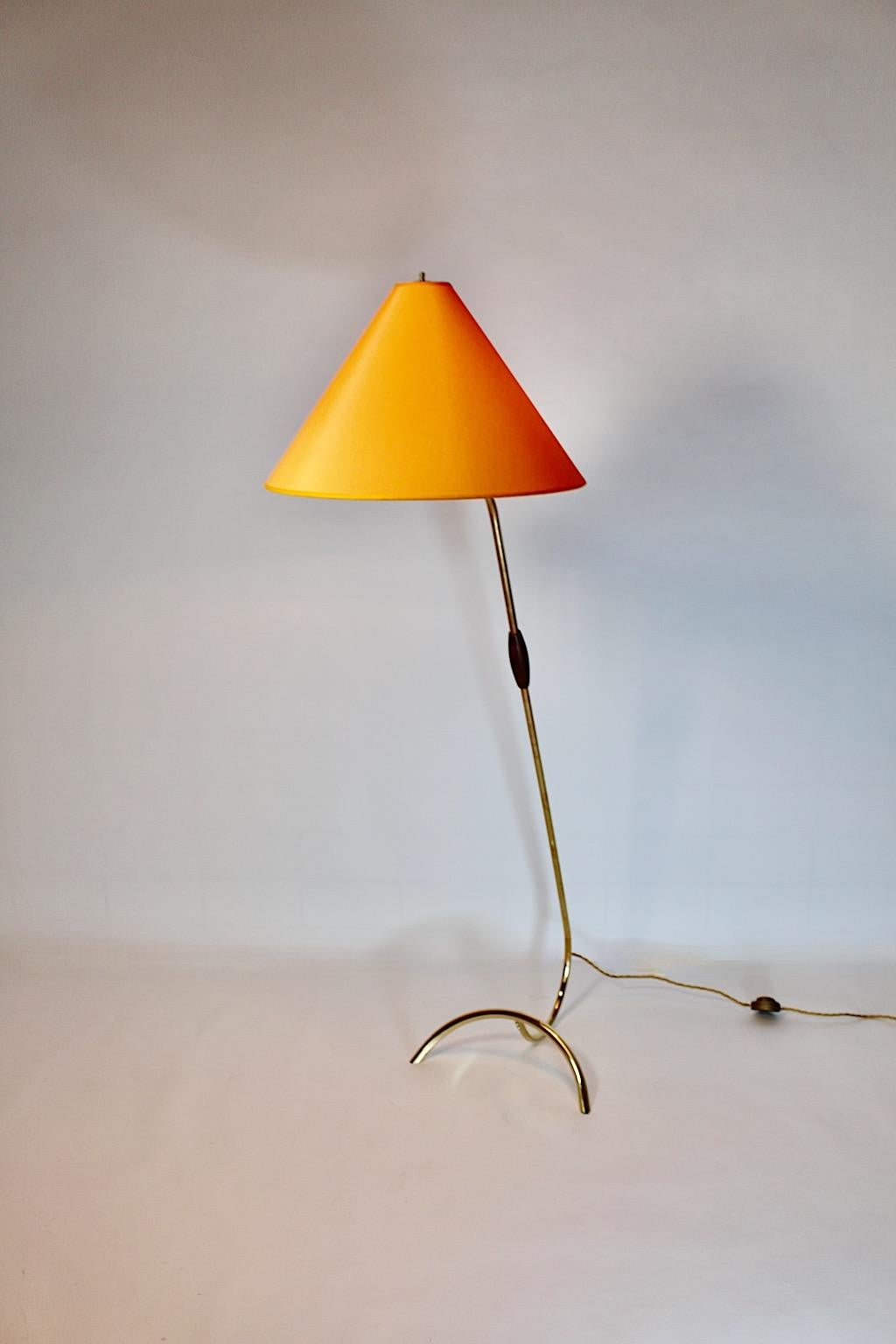 Austrian Mid-Century Modern Vintage Brass Orange Floor Lamp Rupert Nikoll 1950s Vienna For Sale