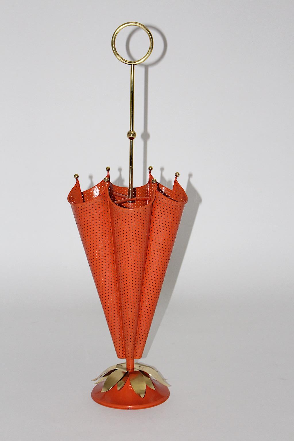 Mid-Century Modern Mid Century Modern Vintage Brass Orange Umbrella Stand 1950s France For Sale