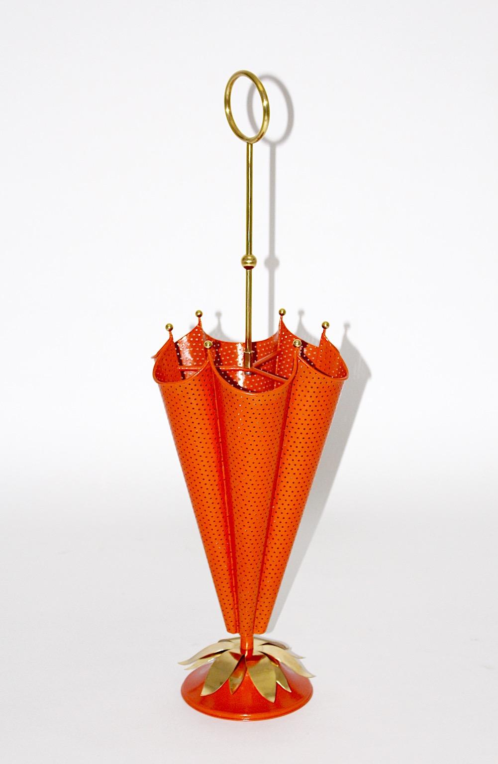 French Mid Century Modern Vintage Brass Orange Umbrella Stand 1950s France For Sale
