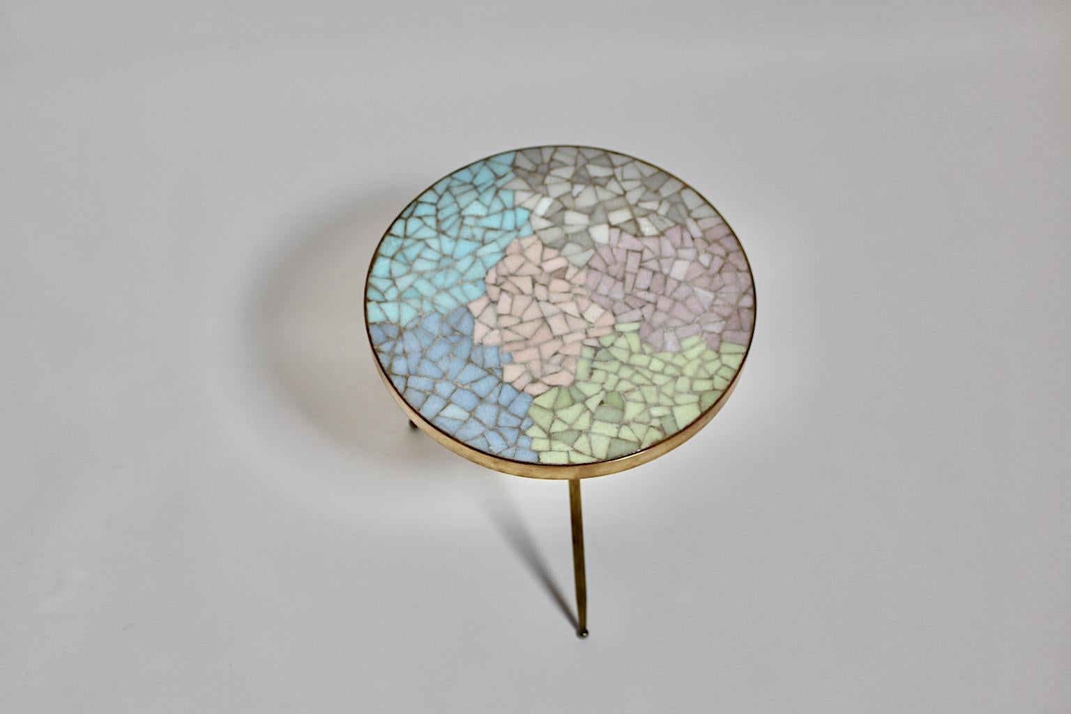 Mid Century Modern Vintage Brass Pastel Mosaic Side Table Flower Table 1950s  For Sale 4