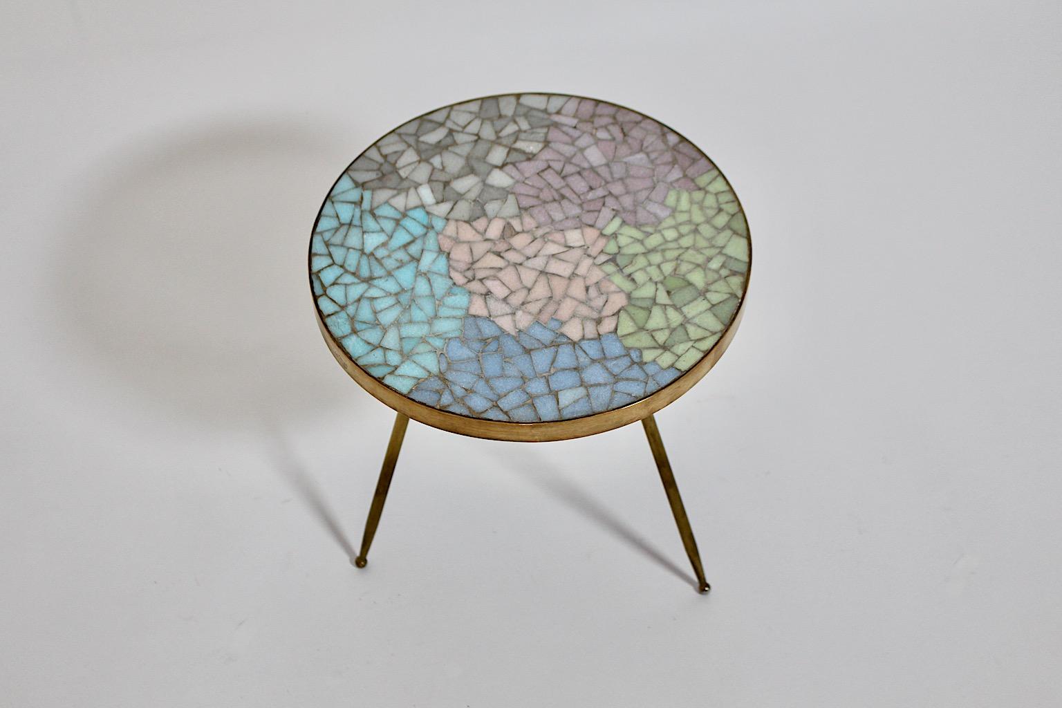 Mid-Century Modern Mid Century Modern Vintage Brass Pastel Mosaic Side Table Flower Table 1950s  For Sale