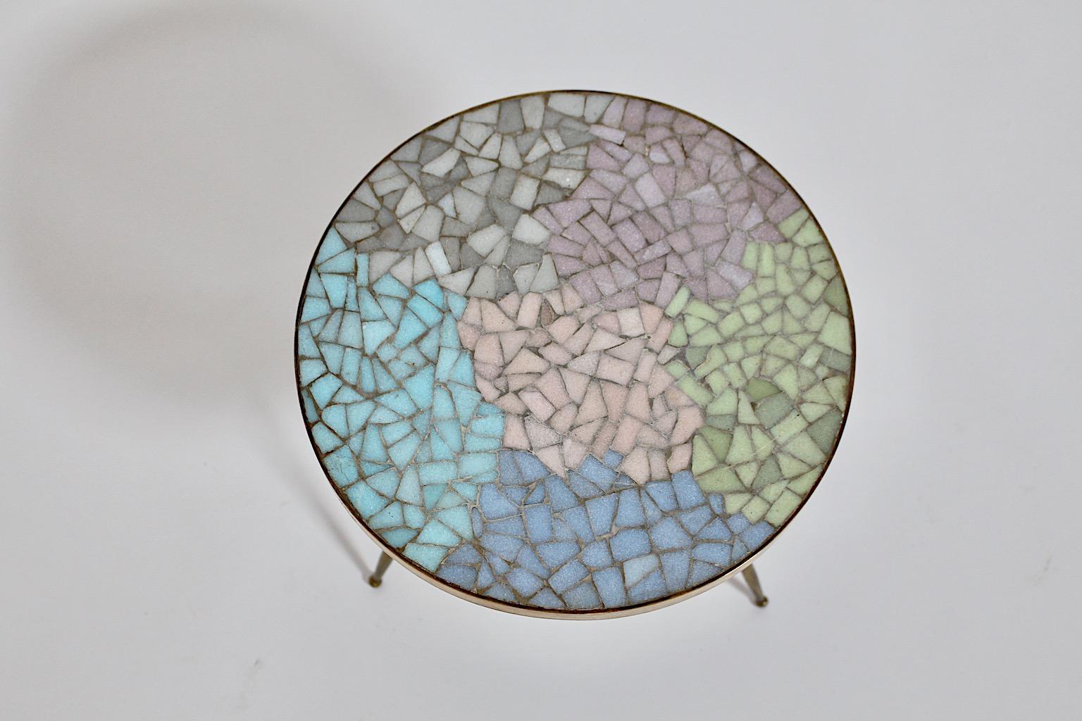 Italian Mid Century Modern Vintage Brass Pastel Mosaic Side Table Flower Table 1950s  For Sale
