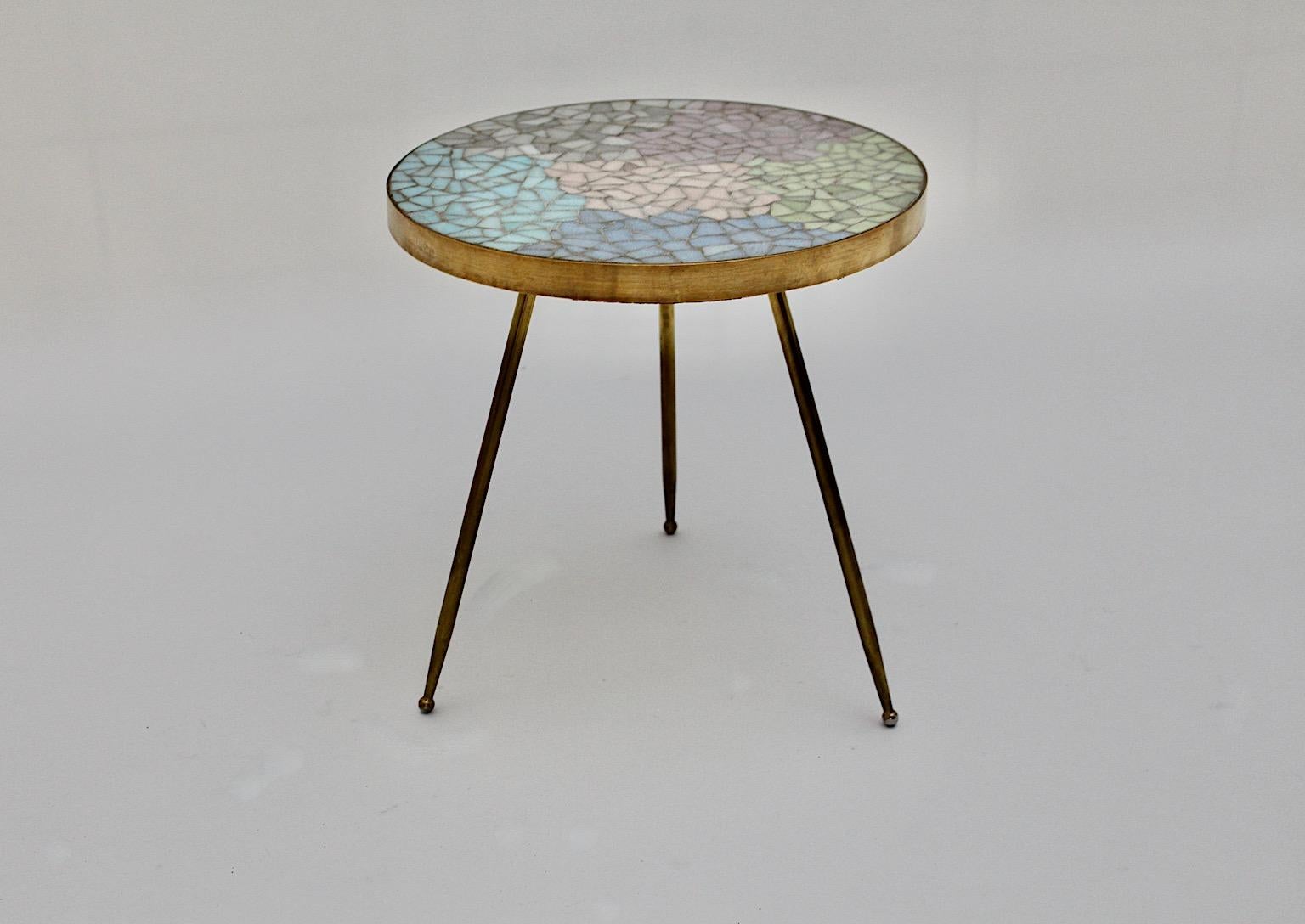20th Century Mid Century Modern Vintage Brass Pastel Mosaic Side Table Flower Table 1950s  For Sale