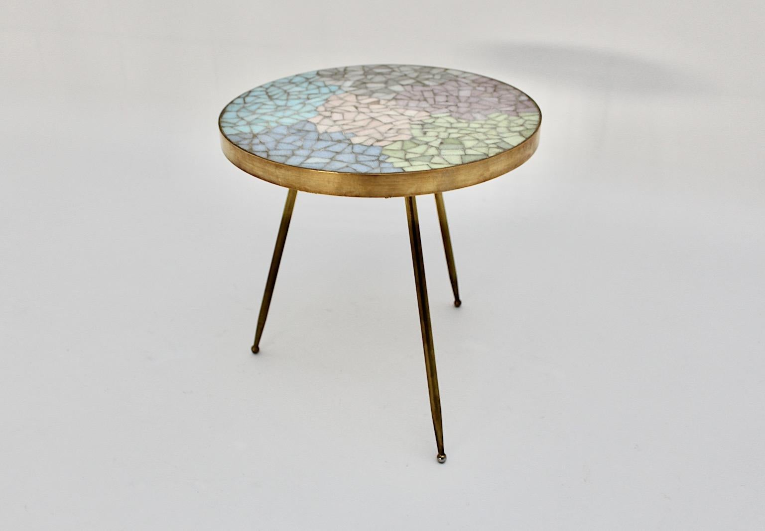 Mid Century Modern Vintage Brass Pastel Mosaic Side Table Flower Table 1950s  For Sale 1