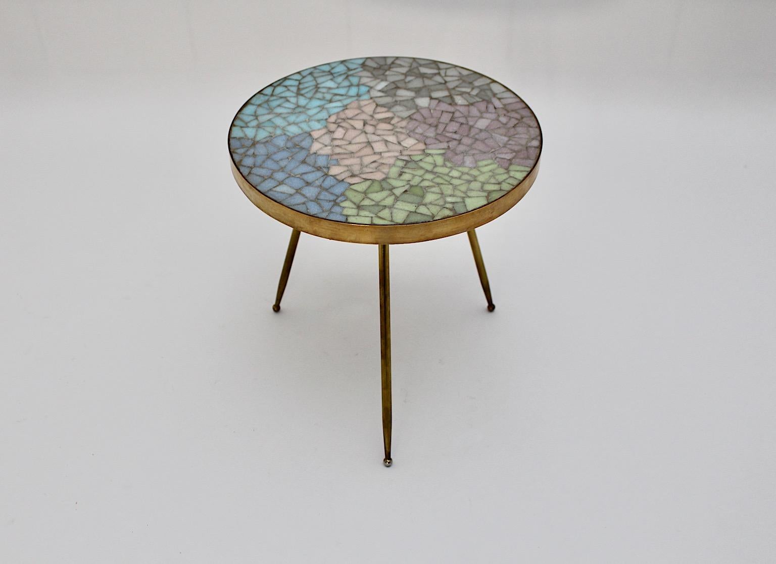 Mid Century Modern Vintage Brass Pastel Mosaic Side Table Flower Table 1950s  For Sale 2