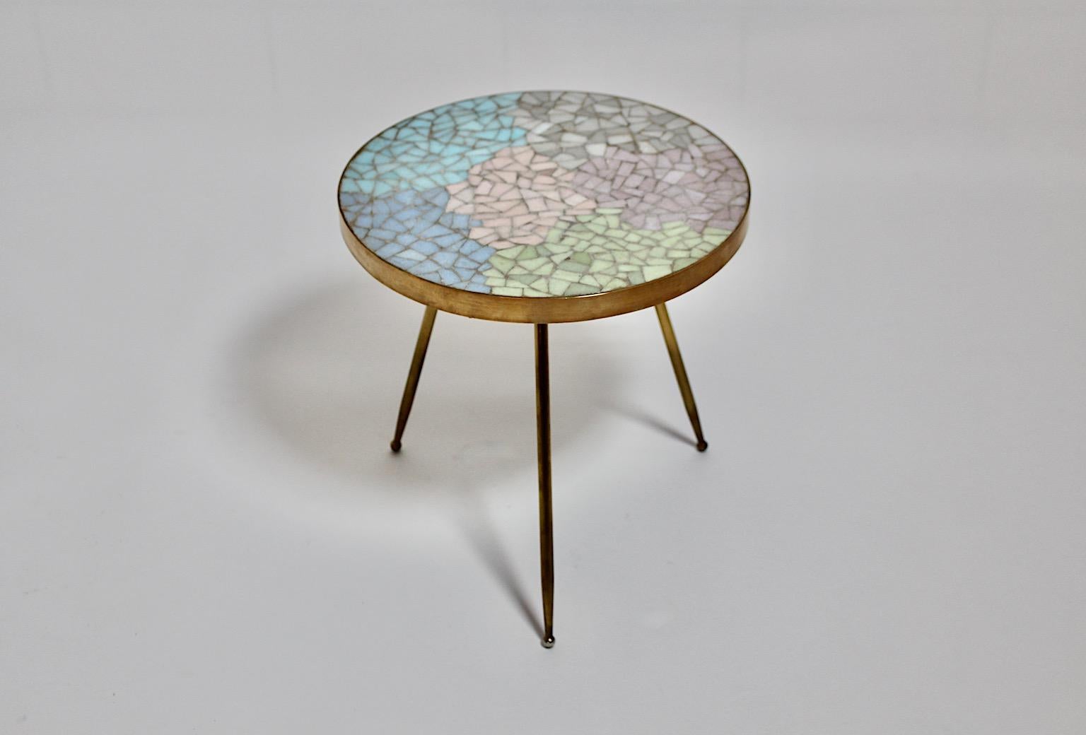 Mid Century Modern Vintage Brass Pastel Mosaic Side Table Flower Table 1950s  For Sale 3