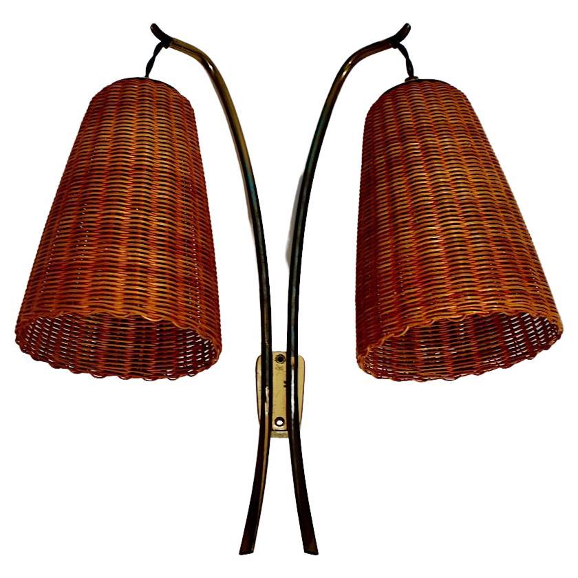 Mid-Century Modern Vintage Brass Rattan Wall Light Sconce Kalmar 1950s Vienna