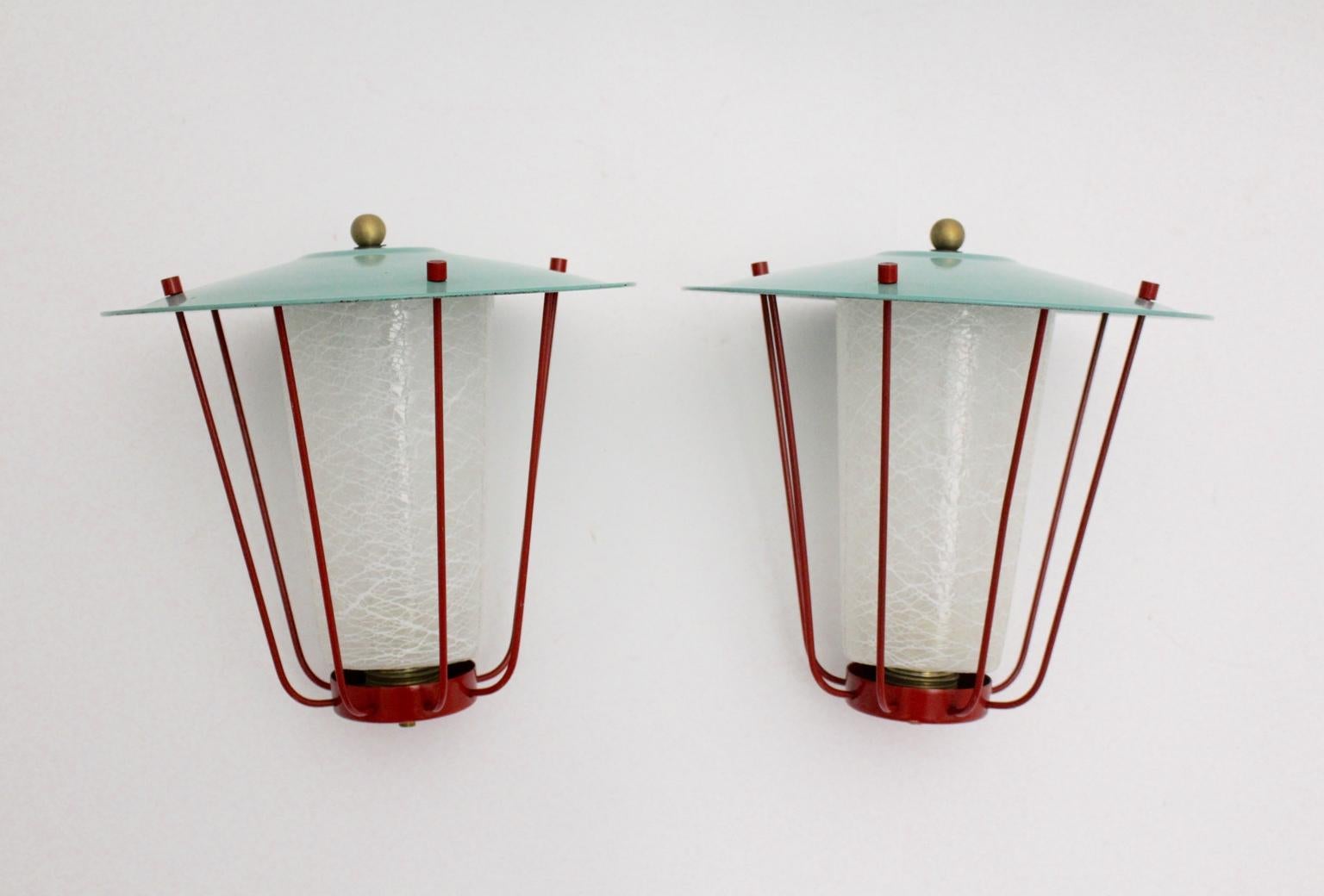 Mid-20th Century Mid-Century Modern Vintage Brass Red Green Metal Kalmar Lanterns Vienna For Sale