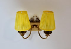 Mid Century Modern Vintage Brass Sconce with Sunny Yellow Pleated Shades 1950s