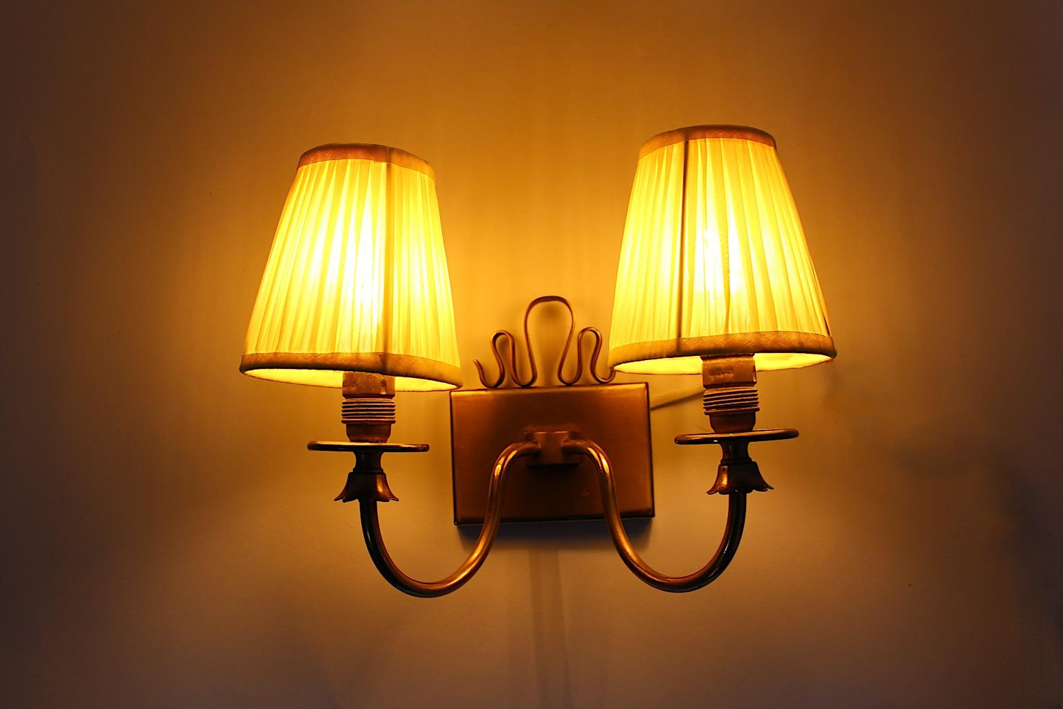 Mid-Century Modern Mid Century Modern Vintage Brass Sconce with Sunny Yellow Pleated Shades 1950s For Sale