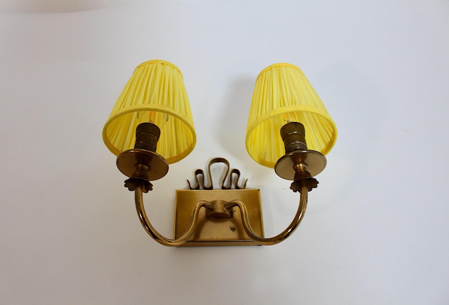 Italian Mid Century Modern Vintage Brass Sconce with Sunny Yellow Pleated Shades 1950s For Sale