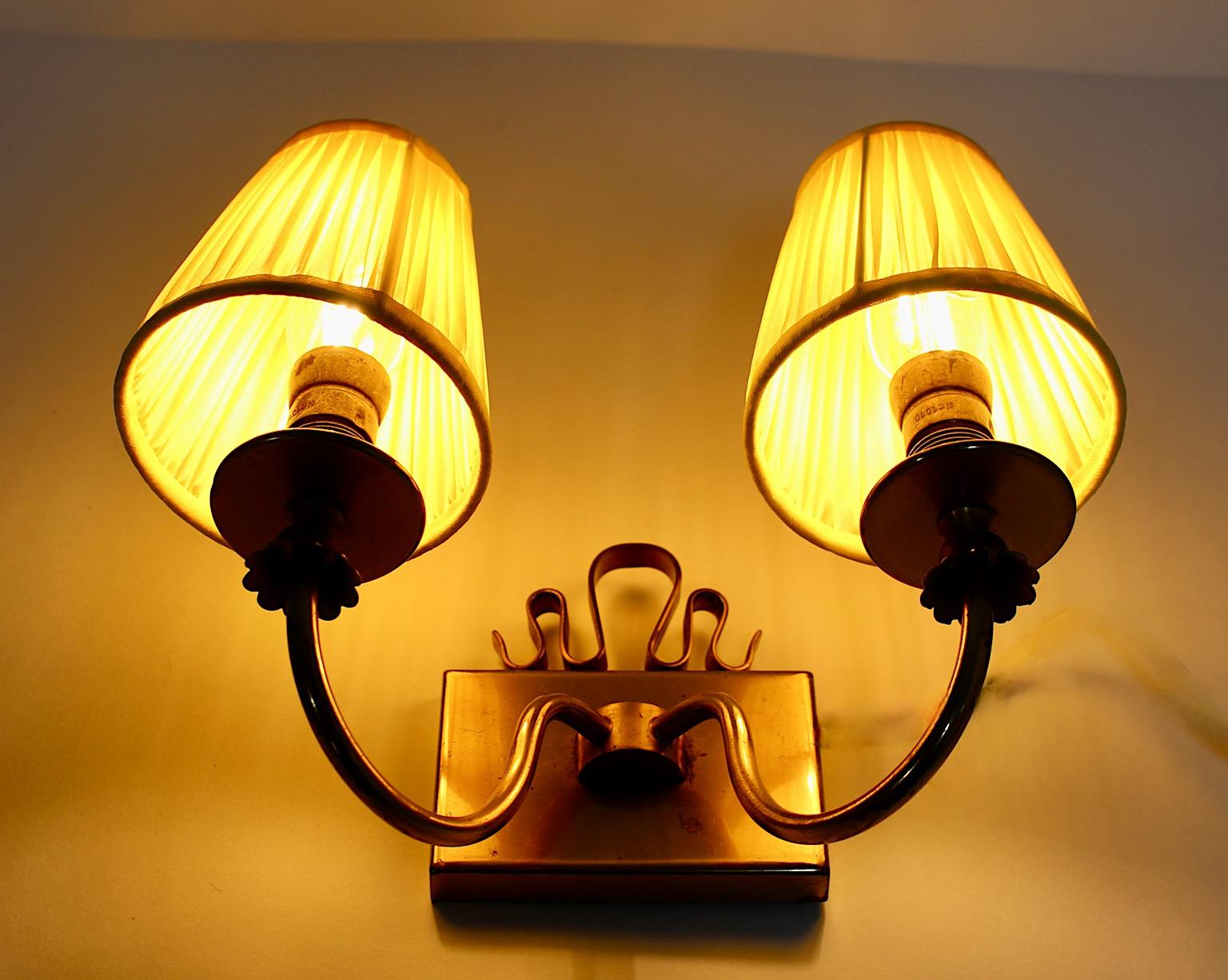 20th Century Mid Century Modern Vintage Brass Sconce with Sunny Yellow Pleated Shades 1950s For Sale