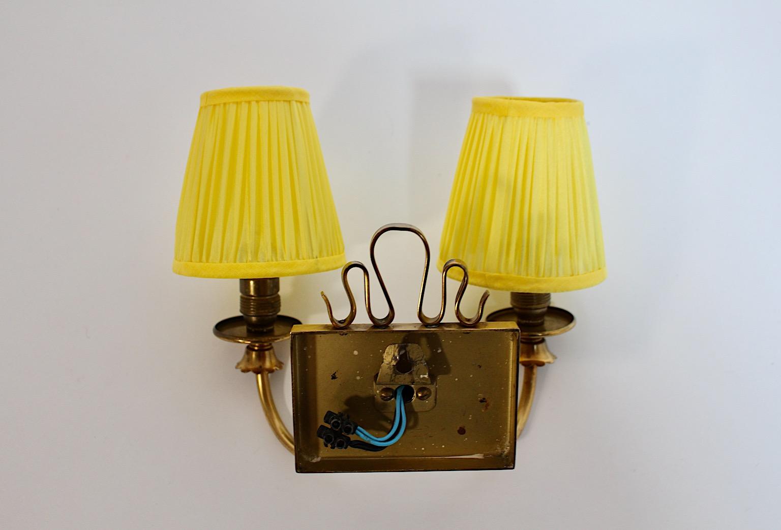 Mid Century Modern Vintage Brass Sconce with Sunny Yellow Pleated Shades 1950s For Sale 1
