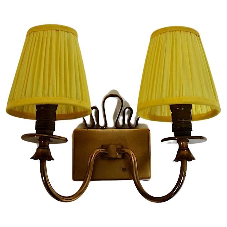 Mid Century Modern Vintage Brass Sconce with Sunny Yellow Pleated Shades 1950s For Sale