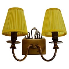 Mid Century Modern Vintage Brass Sconce with Sunny Yellow Pleated Shades 1950s
