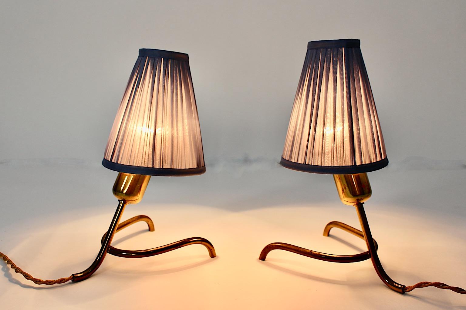 Mid Century Modern Vintage Brass Table Lamps Pair Duo Pastel Blue 1950s Austria For Sale 3