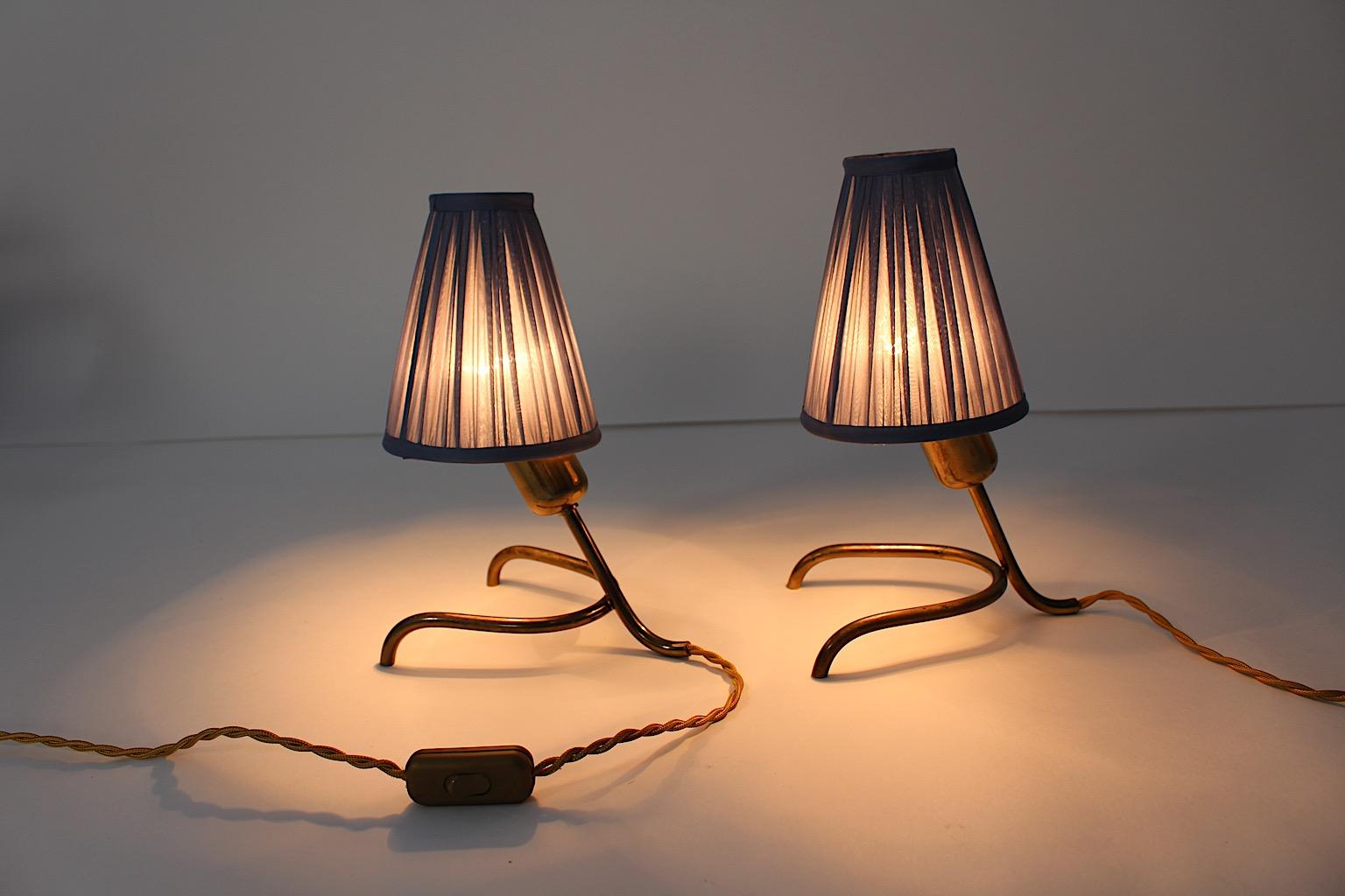 Mid Century Modern Vintage Brass Table Lamps Pair Duo Pastel Blue 1950s Austria For Sale 4