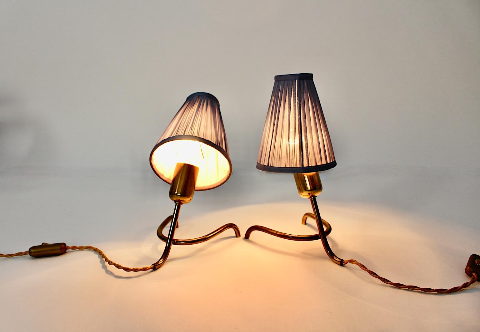 Mid Century Modern Vintage Brass Table Lamps Pair Duo Pastel Blue 1950s Austria For Sale 5