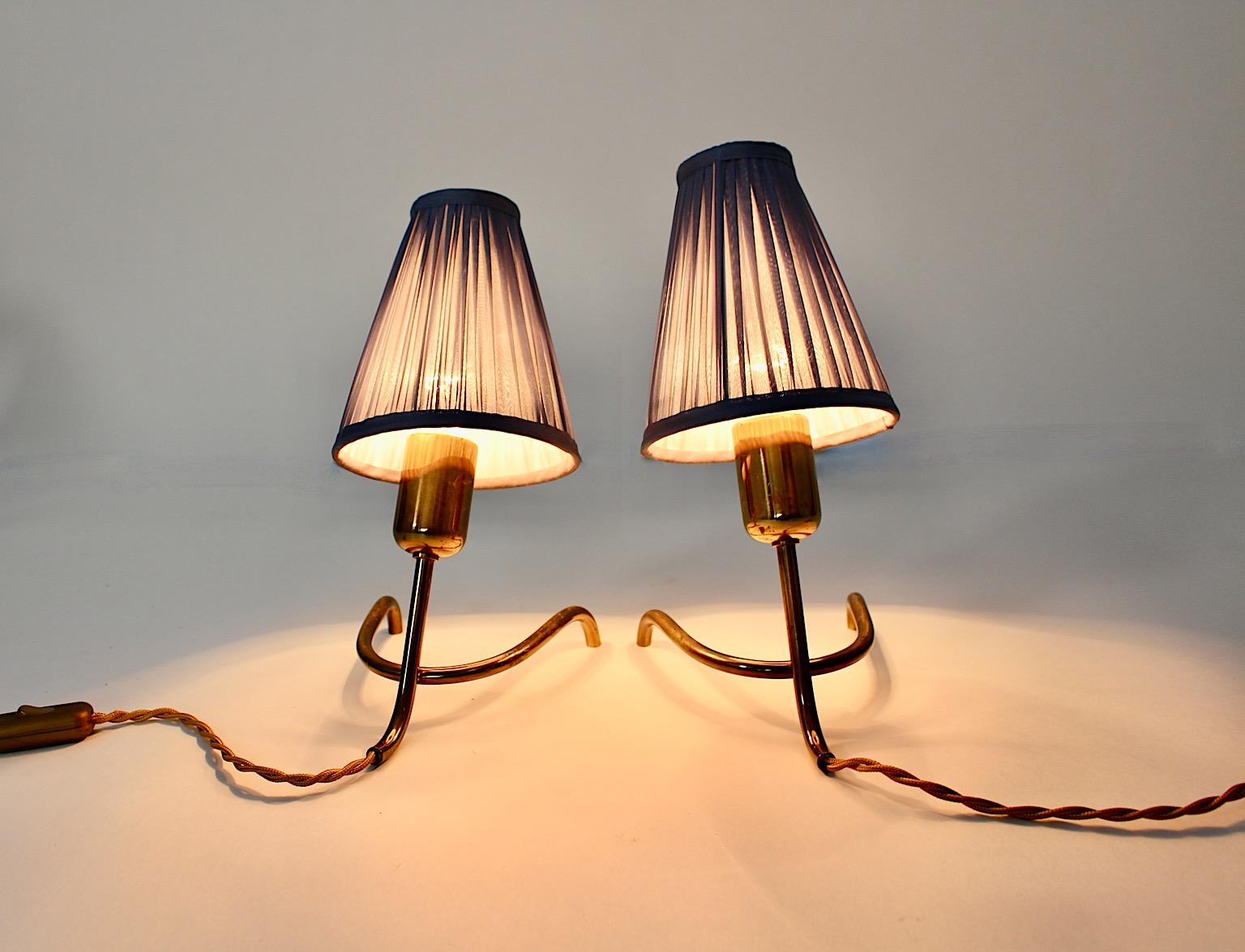 Mid Century Modern Vintage Brass Table Lamps Pair Duo Pastel Blue 1950s Austria For Sale 6