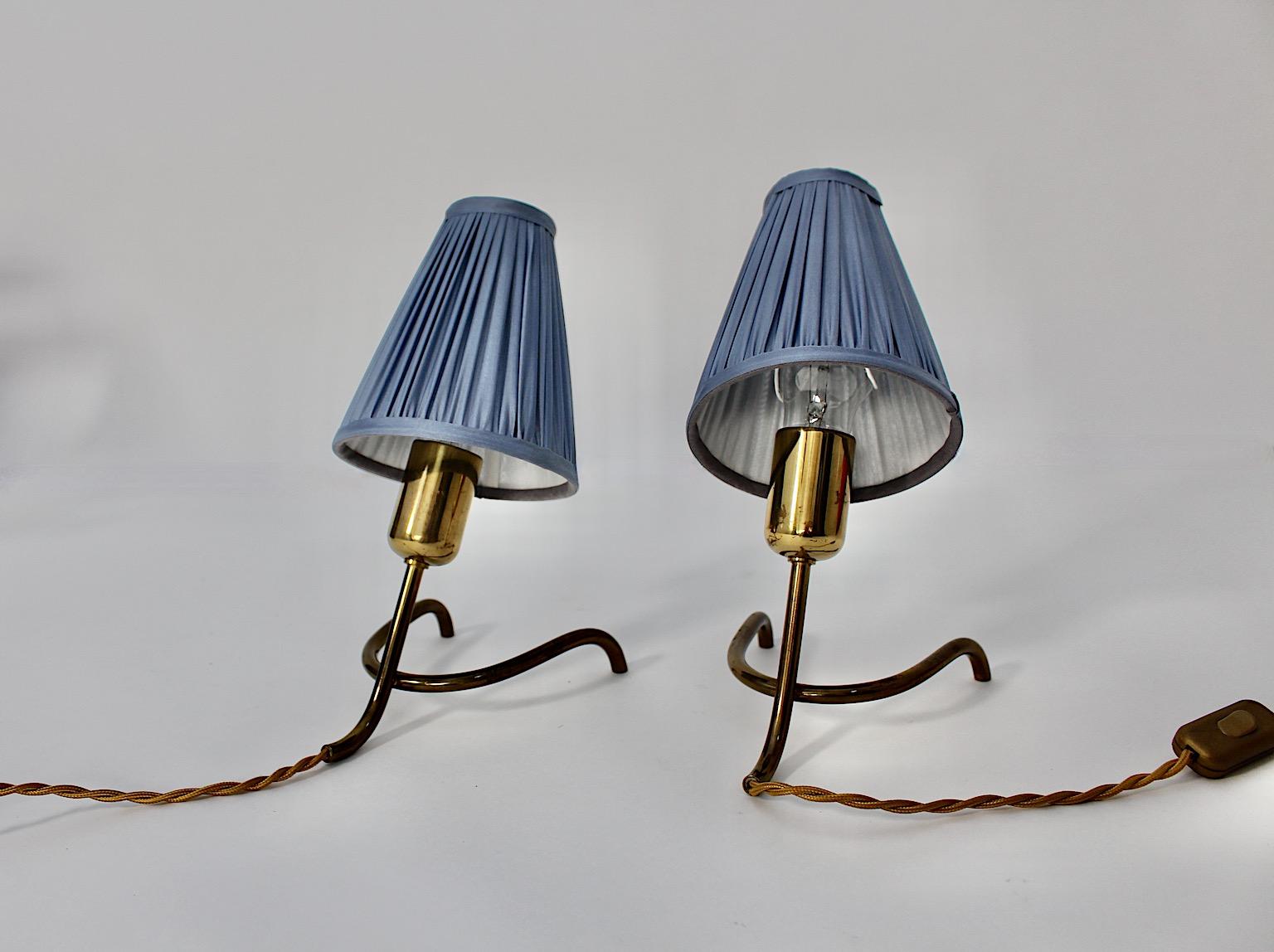 Mid-Century Modern Mid Century Modern Vintage Brass Table Lamps Pair Duo Pastel Blue 1950s Austria For Sale