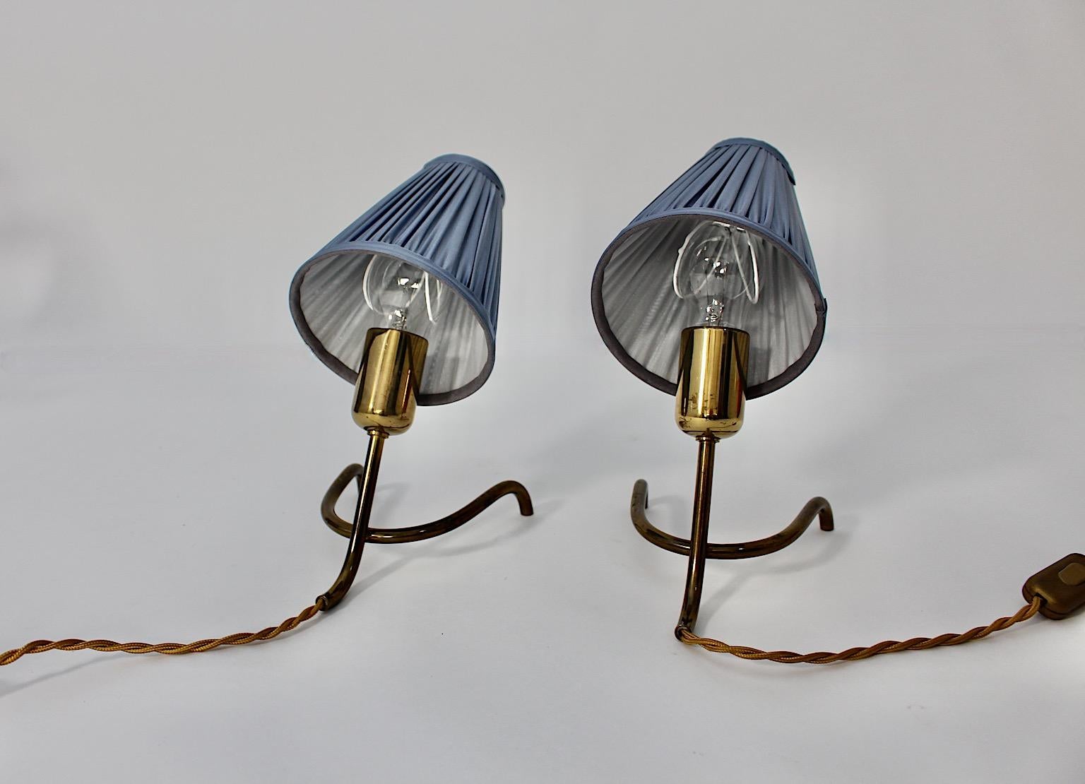 Austrian Mid Century Modern Vintage Brass Table Lamps Pair Duo Pastel Blue 1950s Austria For Sale