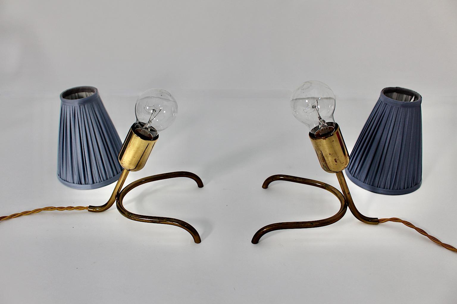 Mid Century Modern Vintage Brass Table Lamps Pair Duo Pastel Blue 1950s Austria In Good Condition For Sale In Vienna, AT