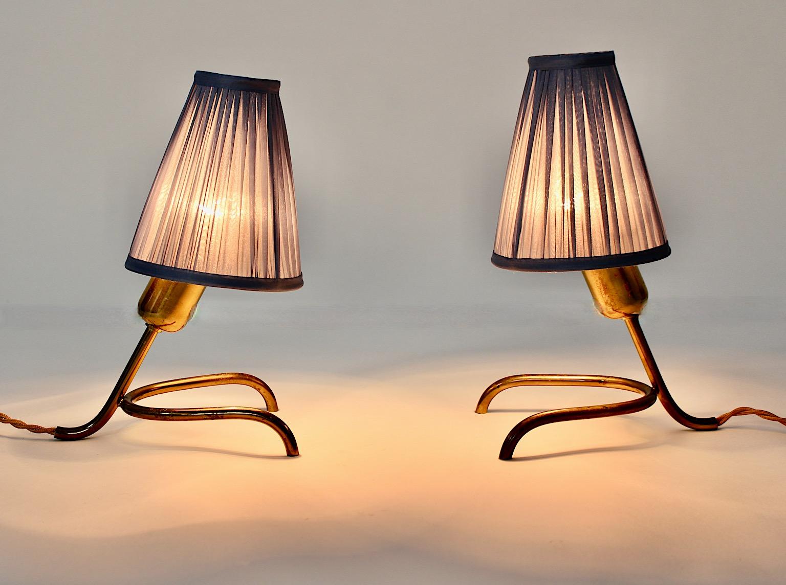 Mid Century Modern Vintage Brass Table Lamps Pair Duo Pastel Blue 1950s Austria For Sale 1